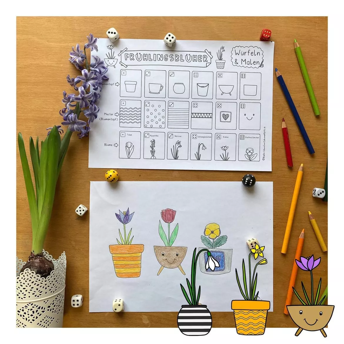 Bild in der Beschreibung des Unterrichtsmaterials Würfeln und Malen Frühblüher, Kunst Frühling von Kreativ-Schwestern #1