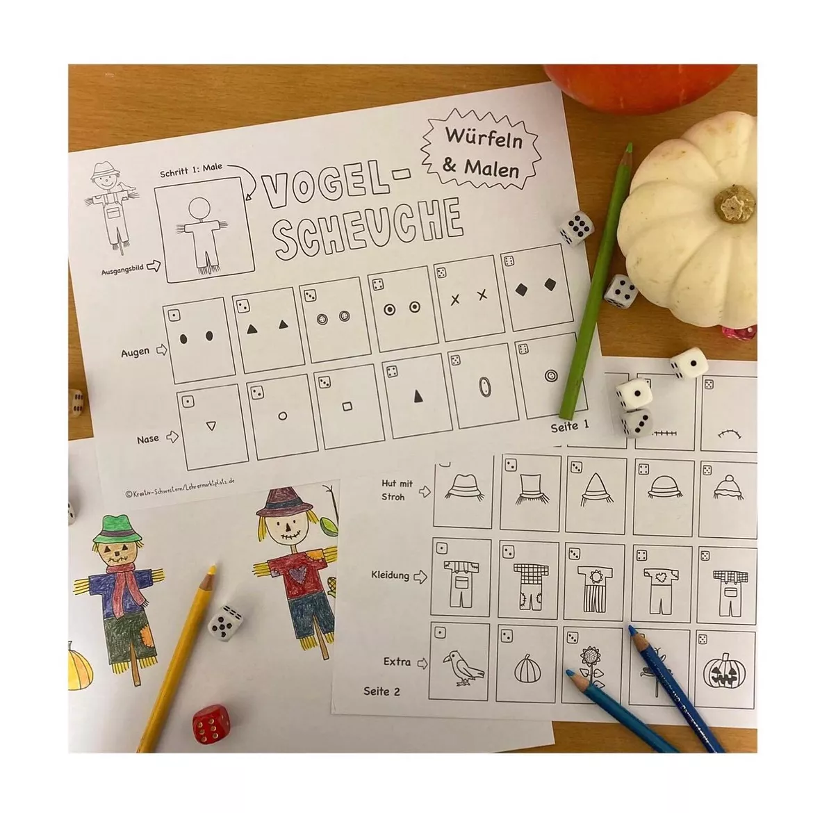 Bild in der Beschreibung des Unterrichtsmaterials Kunst Grundschule Würfeln und Malen Vogelscheuche von Kreativ-Schwestern #1
