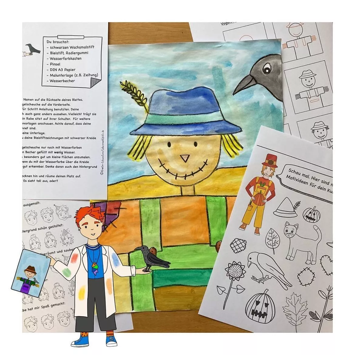Bild in der Beschreibung des Unterrichtsmaterials Fertige Kunststunde Grundschule, Vogelscheuche malen, Herbst Kunstidee von Kreativ-Schwestern #1