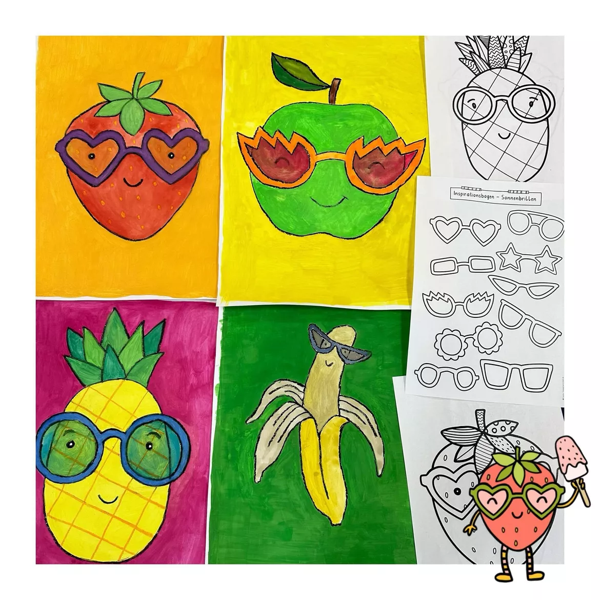 Bild in der Beschreibung des Unterrichtsmaterials Kunst im Sommer, lustiges Obst mit Sonnenbrillen, Sommerkunst, fertiger Kunstunterricht, Kunst Grundschule von Kreativ-Schwestern #1
