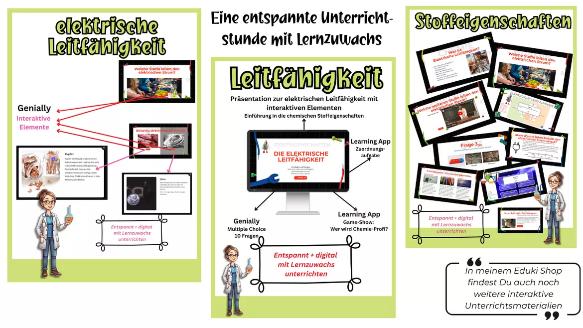 Bild in der Beschreibung des Unterrichtsmaterials Leitfähigkeit | Einführung + Übungen Präsentation Quiz Genially von Lernfitness #1