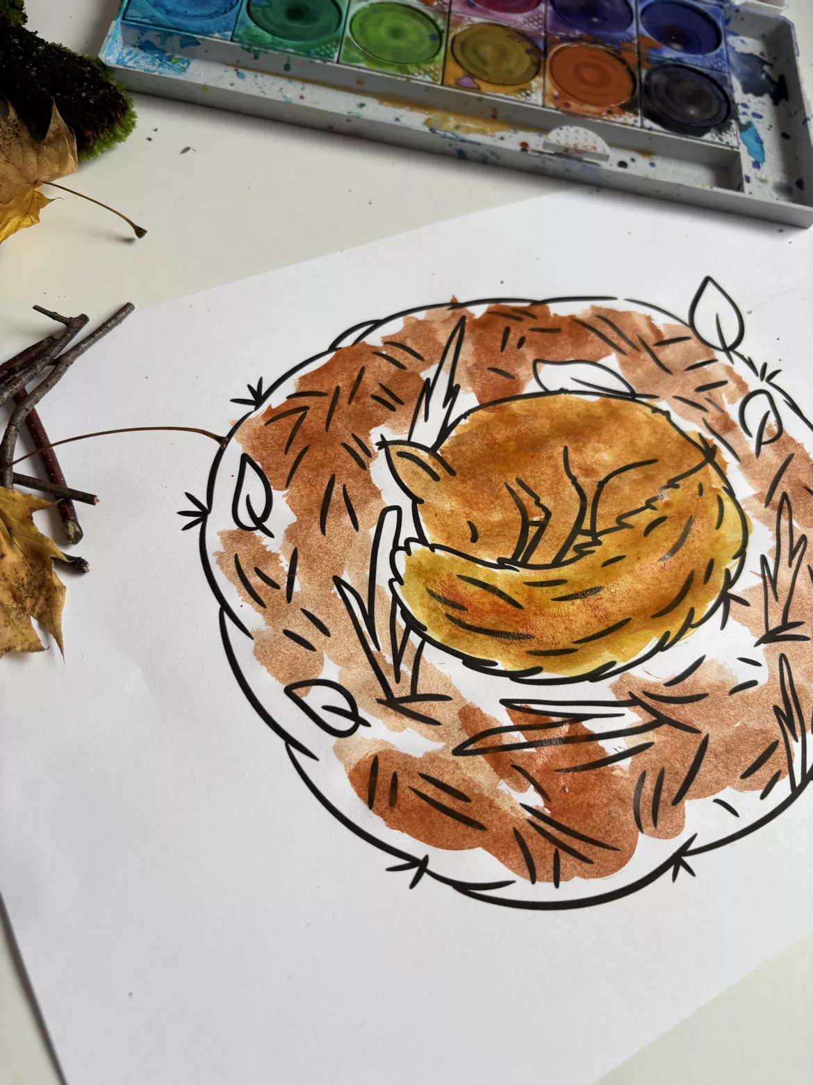 Bild in der Beschreibung des Unterrichtsmaterials Herbst Kunst, Bastelvorlage ein Nest für das Eichhörnchen. Basteln im Herbst und Winter. von LernTagebuch #1