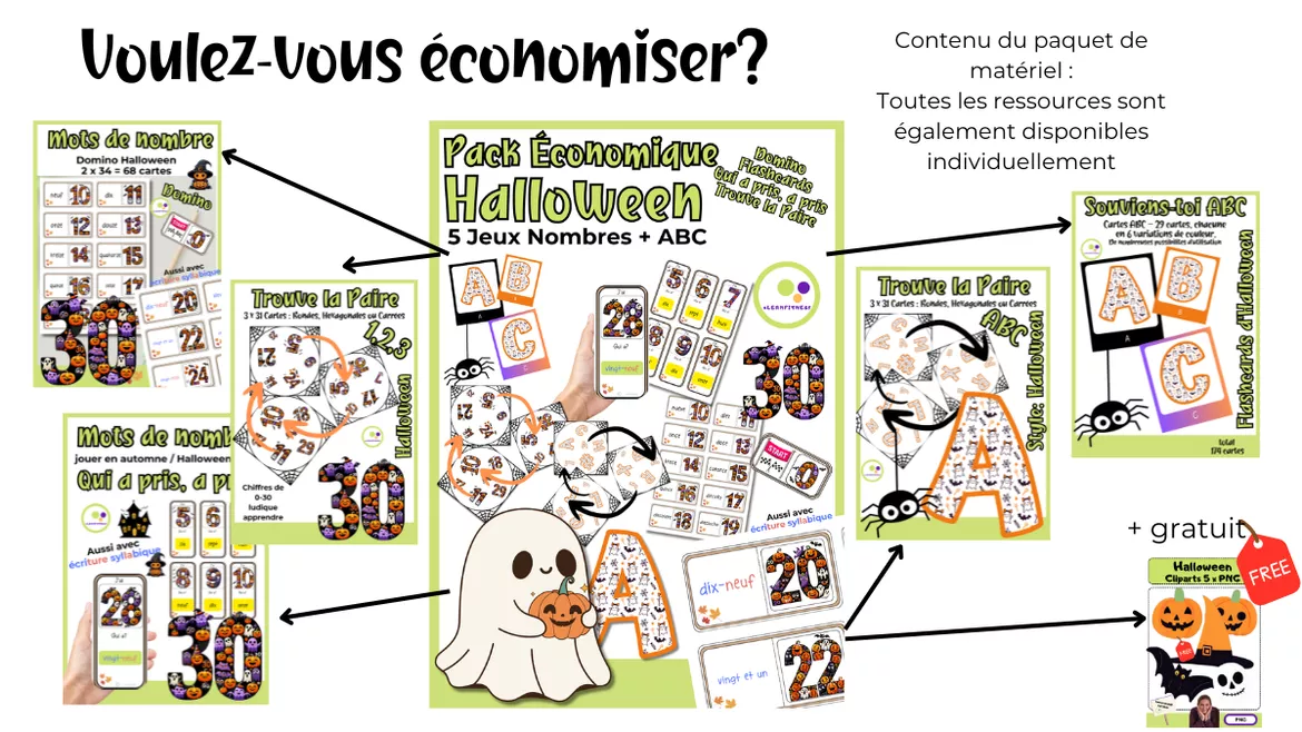Bild in der Beschreibung des Unterrichtsmaterials Kit pédagogique: Halloween : Jeux et Matériel Pédagogique Domino Trouve le Jumeau Flashcards von Lernfitness #1