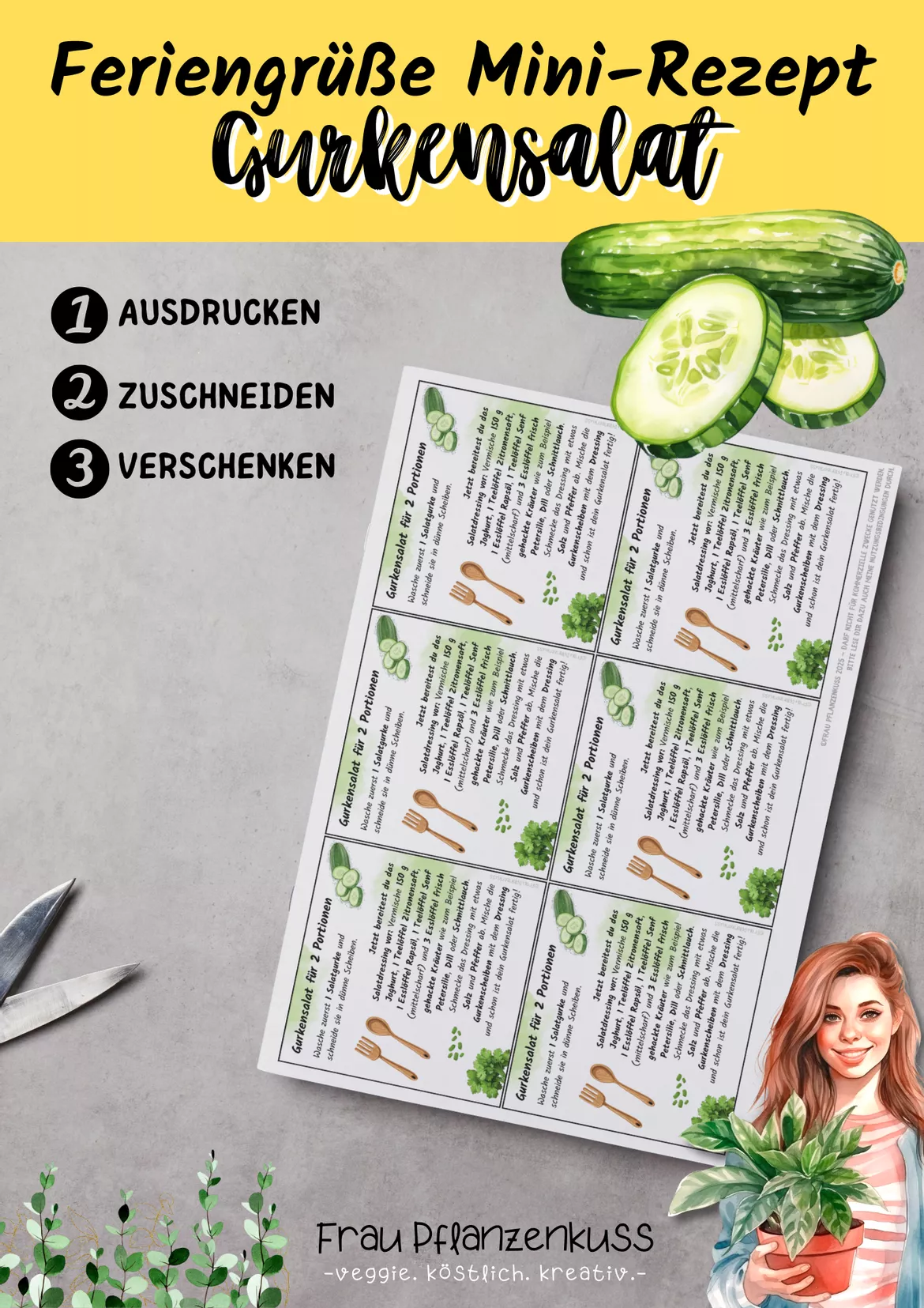 Bild in der Beschreibung des Unterrichtsmaterials Rezept Gurkensalat als Feriengruß | Mini-Rezept Kärtchen von Frau Pflanzenkuss #1