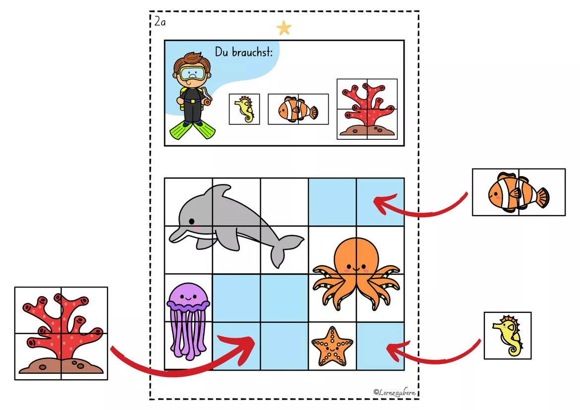 Bild in der Beschreibung des Unterrichtsmaterials Knobelaufgaben für den Kindergarten: Meerestiere (Ozean / Meer) von Lernzaubern #1