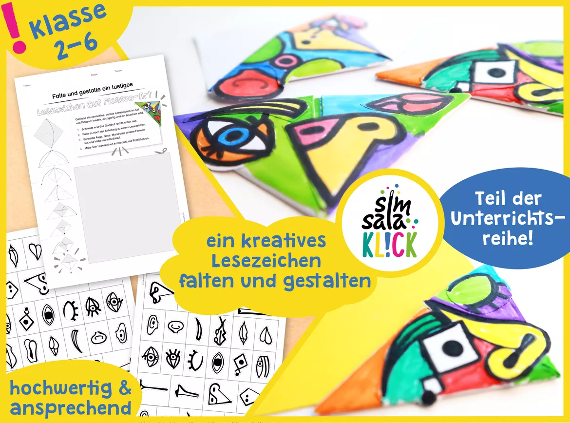 Bild in der Beschreibung des Unterrichtsmaterials PICASSO - Lesezeichen falten & gestalten - KUNST(-Reihe) von simsalaKLICK #1