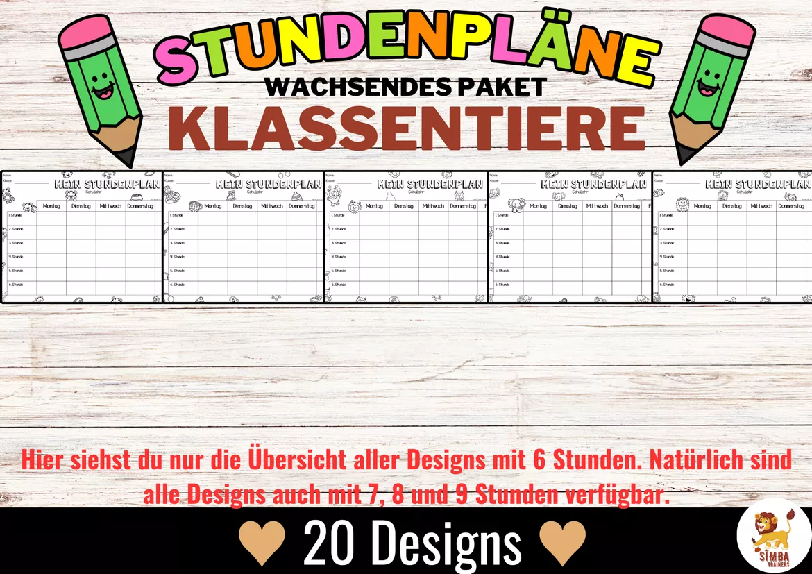 Bild in der Beschreibung des Unterrichtsmaterials Stundenplan Vorlage - Klassentiere (editierbar) | 4 Stundenoptionen - wachsendes Paket von SIMBA Trainers Education #3