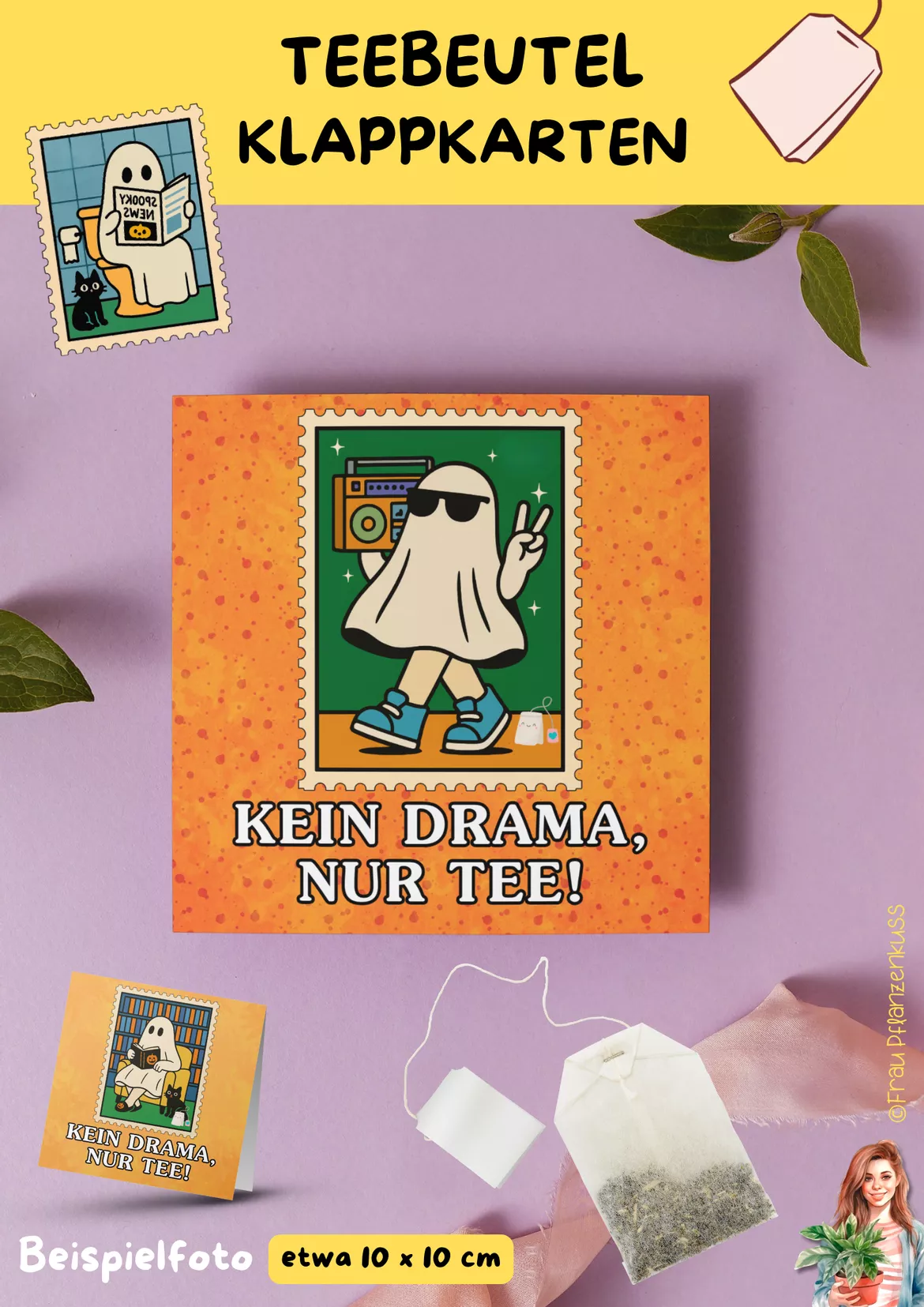 Bild in der Beschreibung des Unterrichtsmaterials Karten für Teebeutel mit niedlichen Halloween-Geistern von Frau Pflanzenkuss #1