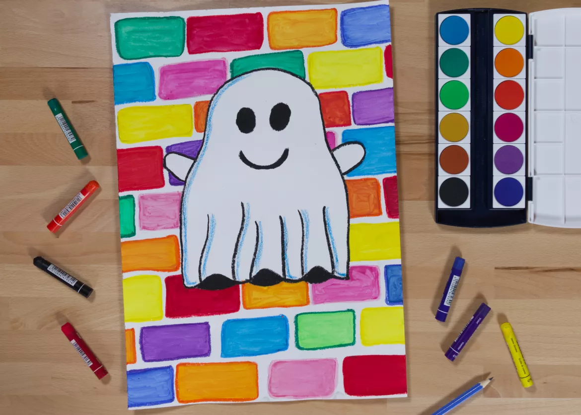 Bild in der Beschreibung des Unterrichtsmaterials Kunst Halloween, Buntes Gespenst, Herbst von Pinselpauker #1
