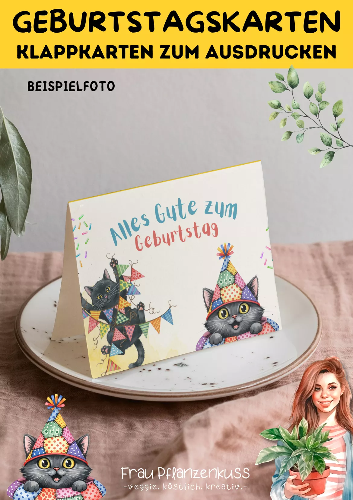 Bild in der Beschreibung des Unterrichtsmaterials Geburtstagskarten Katzenmotive zum Ausdrucken (Klasse 1–5) von Frau Pflanzenkuss #3