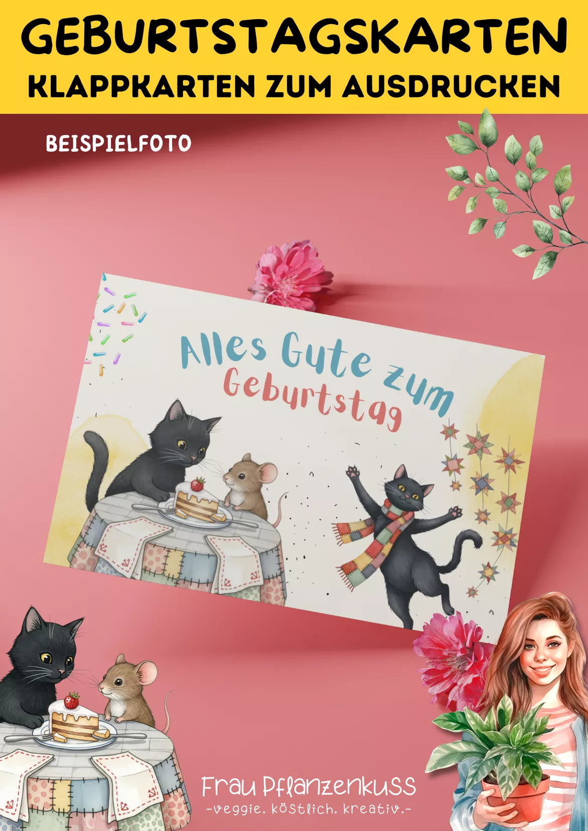 Bild in der Beschreibung des Unterrichtsmaterials Geburtstagskarten Katzenmotive zum Ausdrucken (Klasse 1–5) von Frau Pflanzenkuss #2