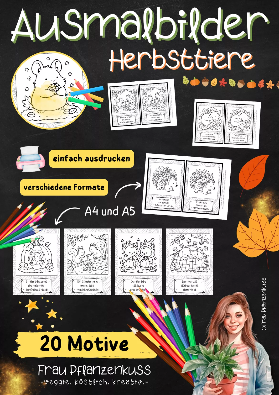 Bild in der Beschreibung des Unterrichtsmaterials Malvorlagen Herbsttiere und Sprüche 1. bis 4. Klasse von Frau Pflanzenkuss #1