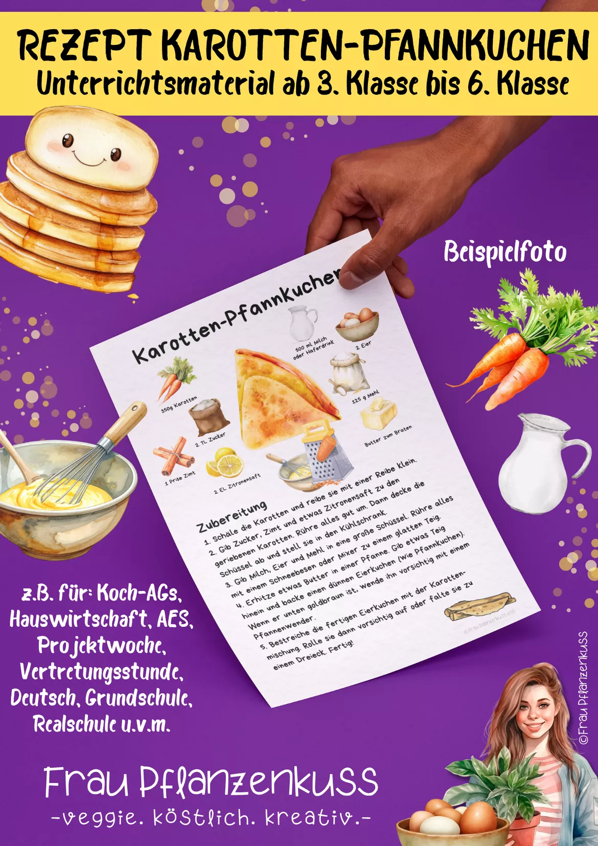 Bild in der Beschreibung des Unterrichtsmaterials Rezept mit Bildern für Karotten-Pfannkuchen 3. bis 6. Klasse von Frau Pflanzenkuss #1