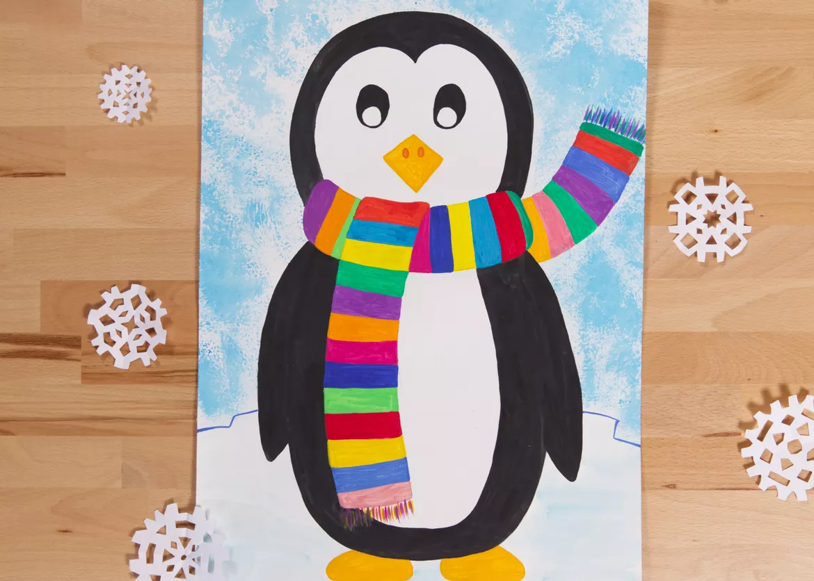 Bild in der Beschreibung des Unterrichtsmaterials Kunst Winter, Pinguin mit buntem Schal, Winter von Pinselpauker #1