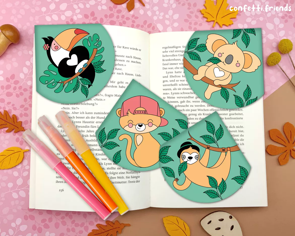 Bild in der Beschreibung des Unterrichtsmaterials Materialpaket Lesezeichen Ecken – Koala, Leopard, Faultier, Tukan von confetti.friends #1