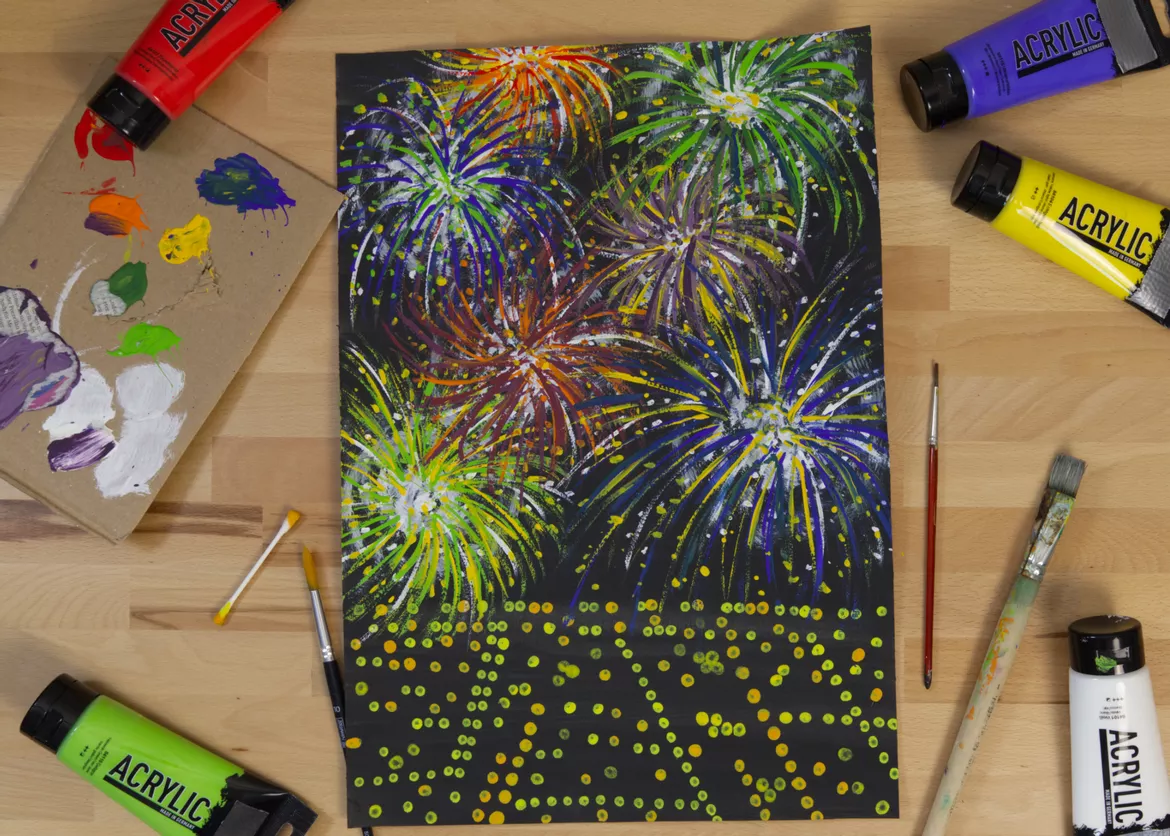 Bild in der Beschreibung des Unterrichtsmaterials Kunst Neujahr, buntes Feuerwerk, Grundschule von Pinselpauker #1