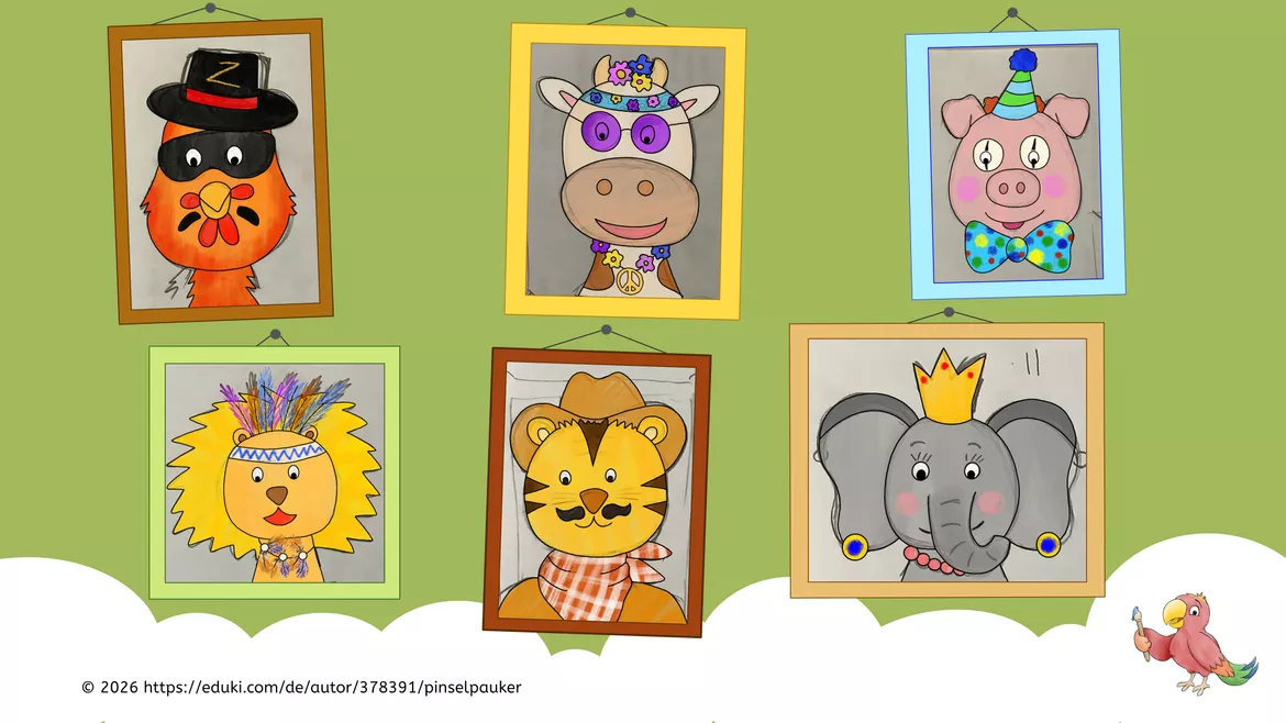 Bild in der Beschreibung des Unterrichtsmaterials Kunst Fasching, die Tiere feiern Karneval, Grundschule von Pinselpauker #2