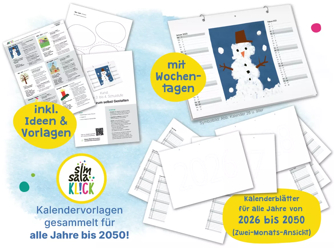 Bild in der Beschreibung des Unterrichtsmaterials Kalender basteln & selbst gestalten | 2026 bis 2050 | inkl. Gestaltungsideen f.d. Grundschule | Vorlagen zum selber Ausdrucken (A4 quer) von simsalaKLICK #1
