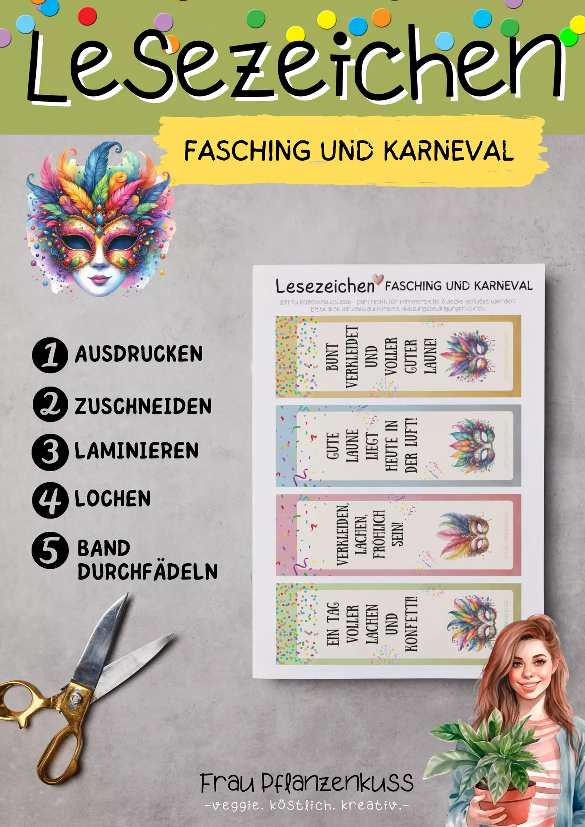 Bild in der Beschreibung des Unterrichtsmaterials Lesezeichen für Fasching + Karneval Klasse 1 bis 6 Grundschule von Frau Pflanzenkuss #2