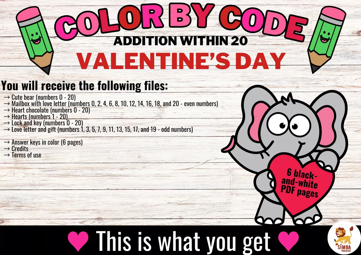 Bild in der Beschreibung des Unterrichtsmaterials Color by code - Addition within 20 (Valentine
