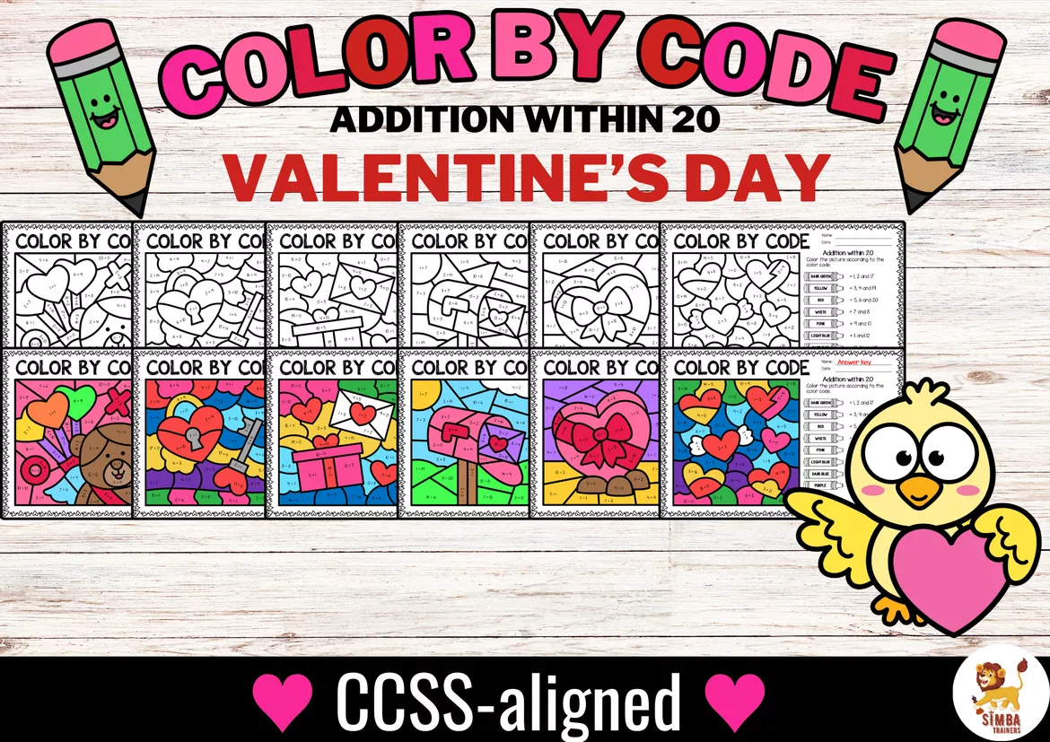 Bild in der Beschreibung des Unterrichtsmaterials Color by code - Addition within 20 (Valentine