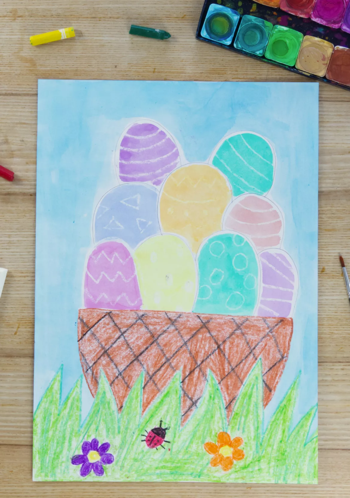Bild in der Beschreibung des Unterrichtsmaterials Kunst Ostern, Bunte Ostereier im Korb, Grundschule von Pinselpauker #1