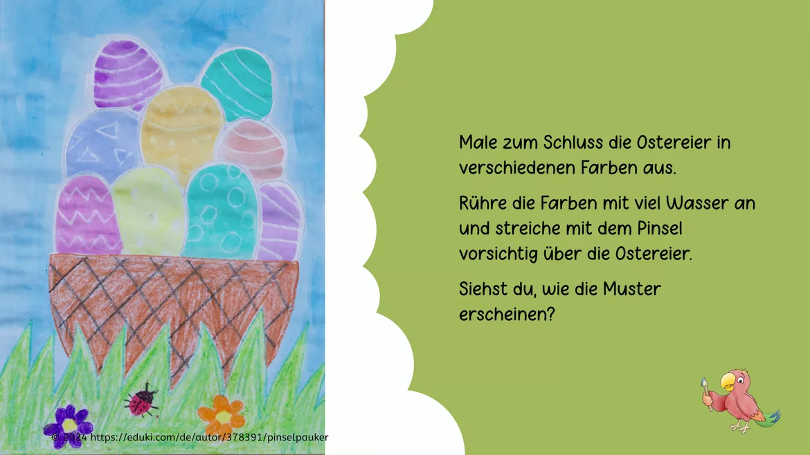 Bild in der Beschreibung des Unterrichtsmaterials Kunst Ostern, Bunte Ostereier im Korb, Grundschule von Pinselpauker #2