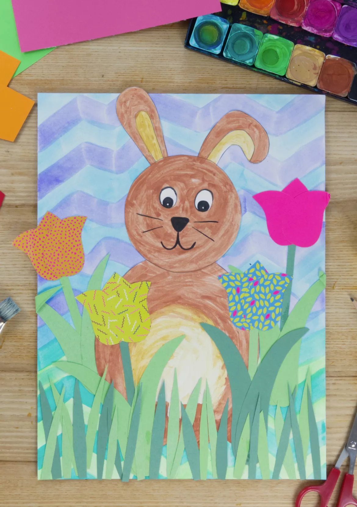 Bild in der Beschreibung des Unterrichtsmaterials Kunst Ostern, Hase in den Tulpen, Frühling, Grundschule von Pinselpauker #1