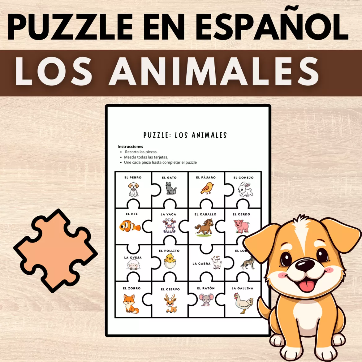 Bild in der Beschreibung des Unterrichtsmaterials Animals Puzzle in Spanish | Puzzle de Animales von Pasajero Spanish #1