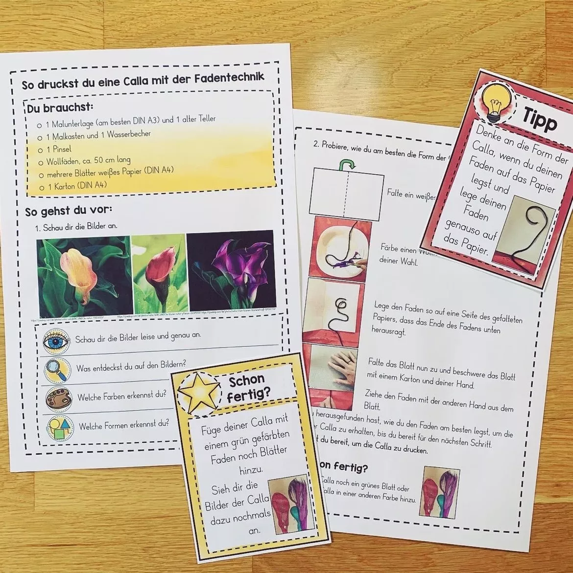 Bild in der Beschreibung des Unterrichtsmaterials Fadendruck Grundschule – Kunstprojekt mit Anleitung (Klasse 1–4) | Fadenmalerei & kreative Drucktechnik von allerlei_fuer_die_schule #1