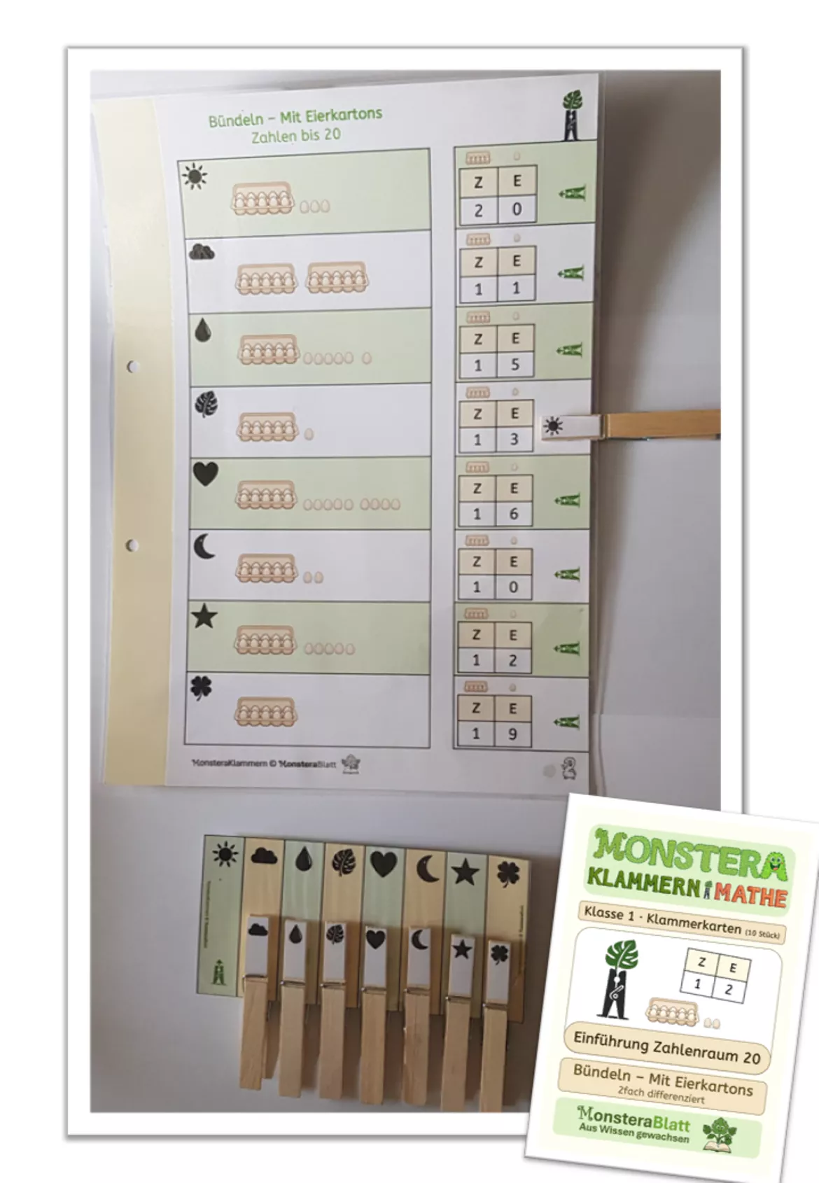 Bild in der Beschreibung des Unterrichtsmaterials Bündeln mit Eierkartons - 2fach differenziert (ZR 20 / ZR 30) - Klammerkarten mit Selbstkontrolle von MonsteraBlatt #1