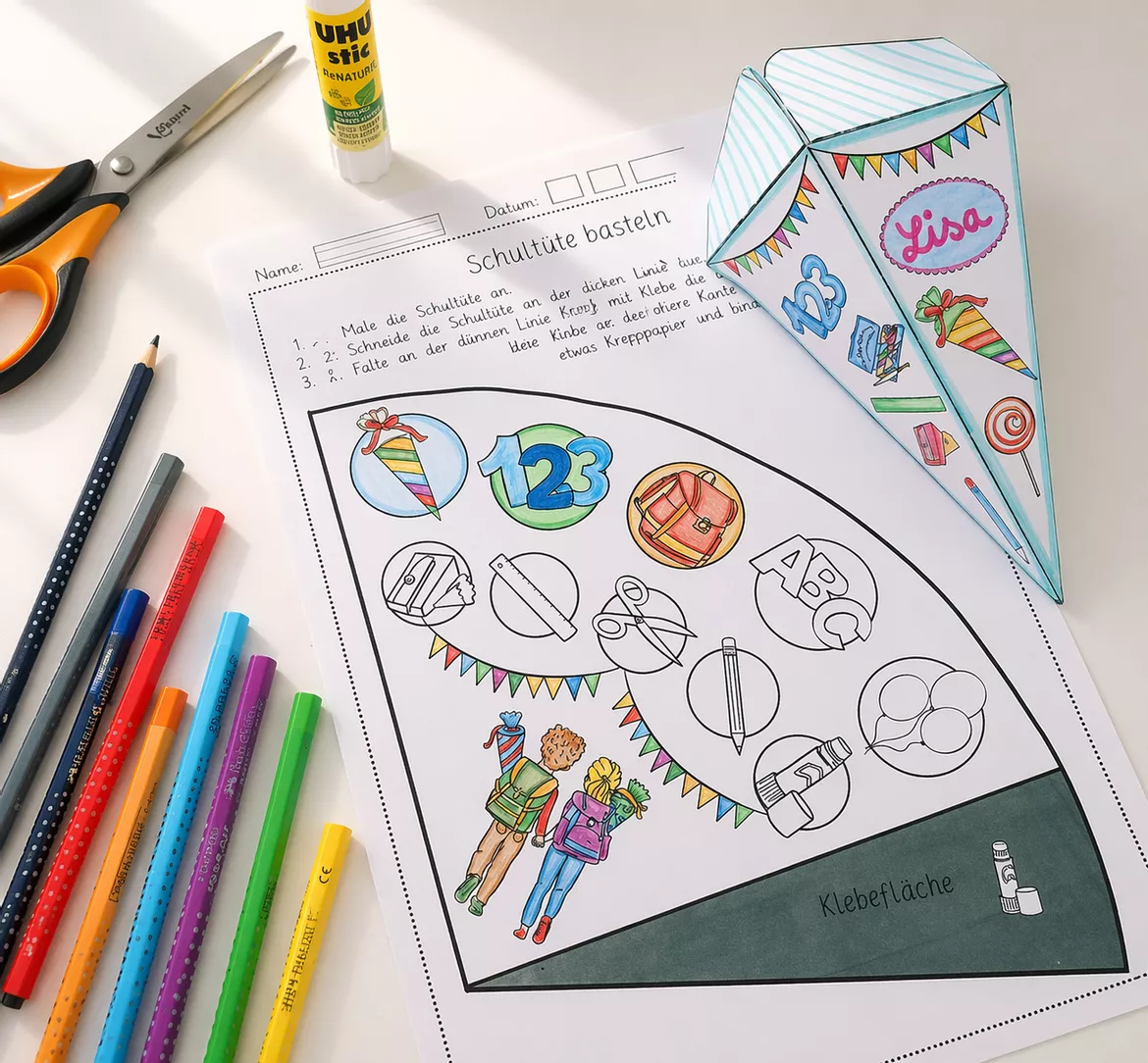 Bild in der Beschreibung des Unterrichtsmaterials Bastelvorlage: Mini- Schultüten zur Einschulung (Kunst Grundschule) von Fraulein_Lehrerin #1