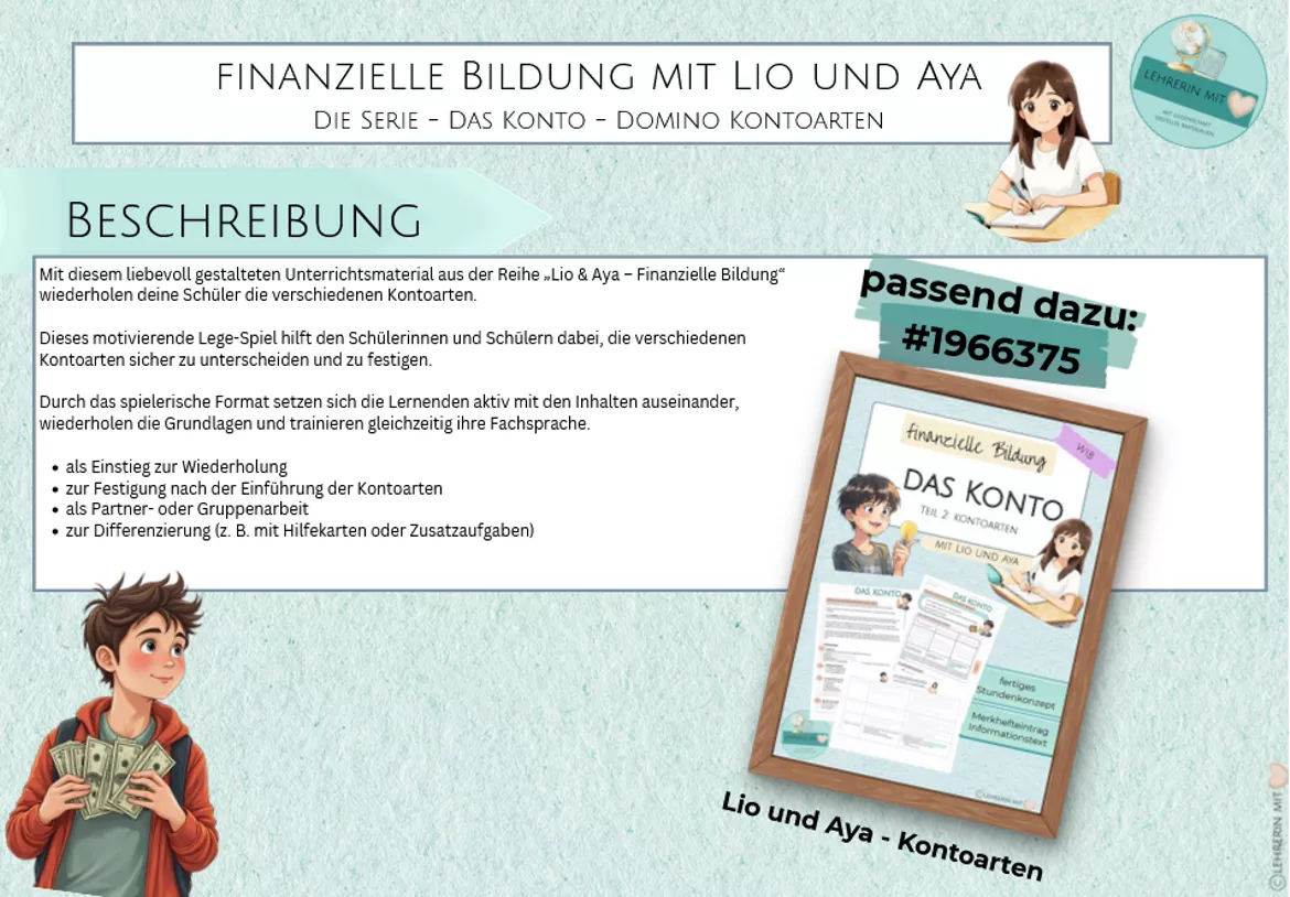 Bild in der Beschreibung des Unterrichtsmaterials Lio und Aya - Legespiel Kontoarten von Lehrerin Mit Herz #1
