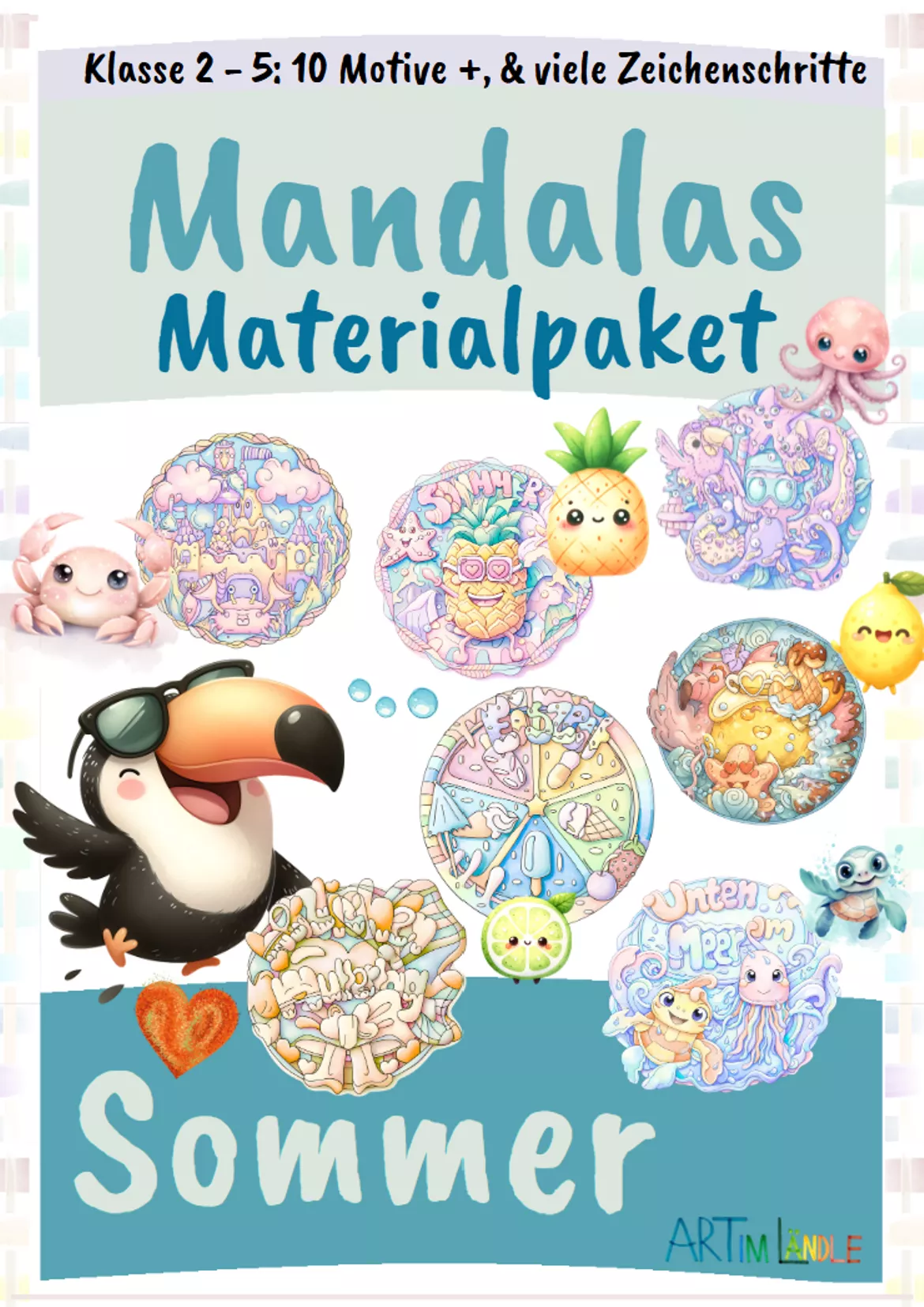 Bild in der Beschreibung des Unterrichtsmaterials Ausmalbild Mandala Sommer – Muscheln, Seestern & Limonade | zeichnen Schritt für Schritt | Kunst Klasse 2–5 von Art im Ländle #1