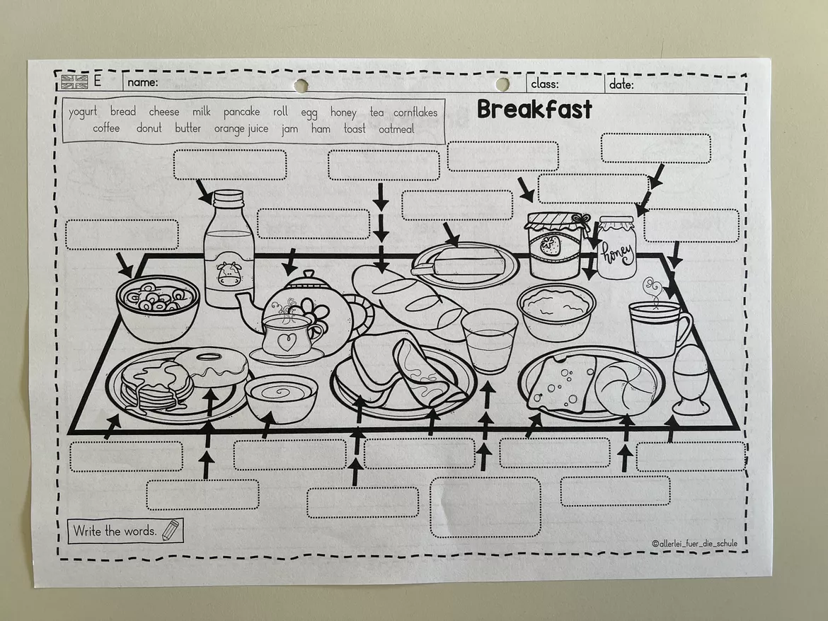 Bild in der Beschreibung des Unterrichtsmaterials Breakfast Englisch Grundschule – Arbeitsblätter (Klasse 3–4) | Food & Drinks Wortschatz üben von allerlei_fuer_die_schule #2