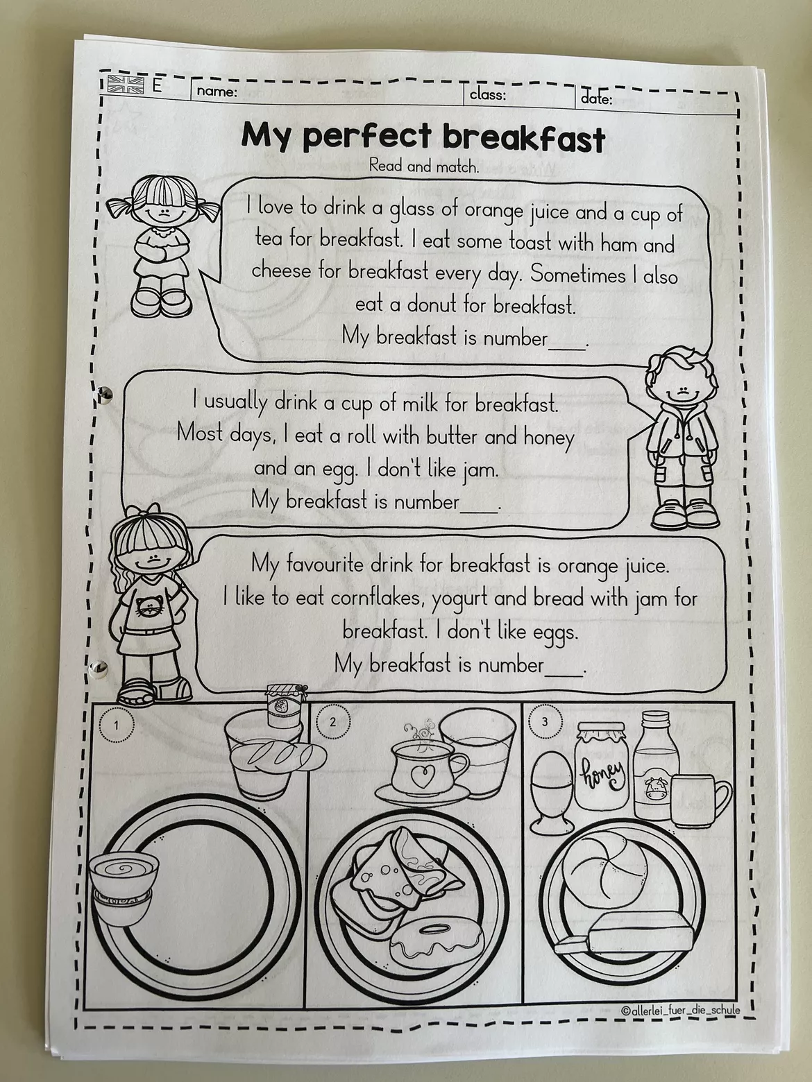 Bild in der Beschreibung des Unterrichtsmaterials Breakfast Englisch Grundschule – Arbeitsblätter (Klasse 3–4) | Food & Drinks Wortschatz üben von allerlei_fuer_die_schule #3