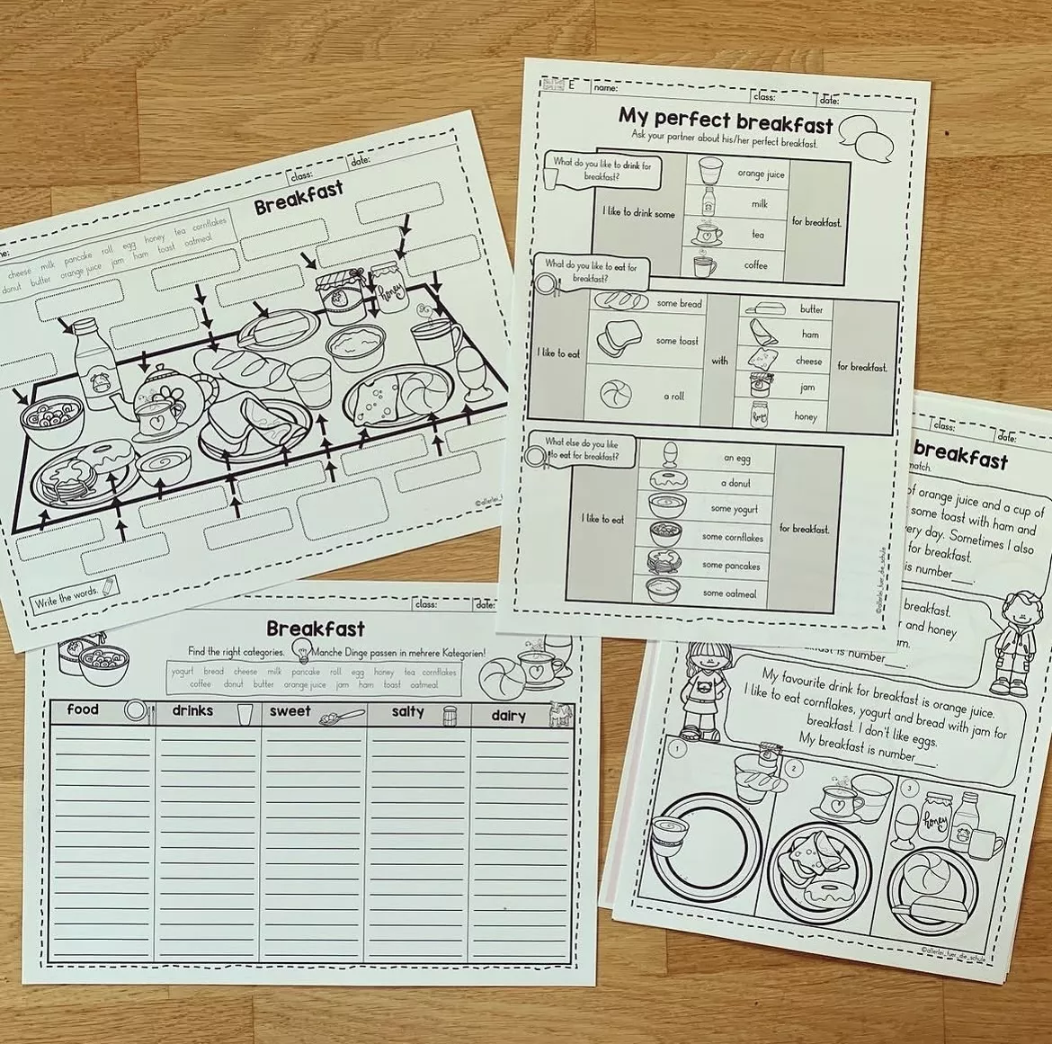 Bild in der Beschreibung des Unterrichtsmaterials Breakfast Englisch Grundschule – Arbeitsblätter (Klasse 3–4) | Food & Drinks Wortschatz üben von allerlei_fuer_die_schule #1
