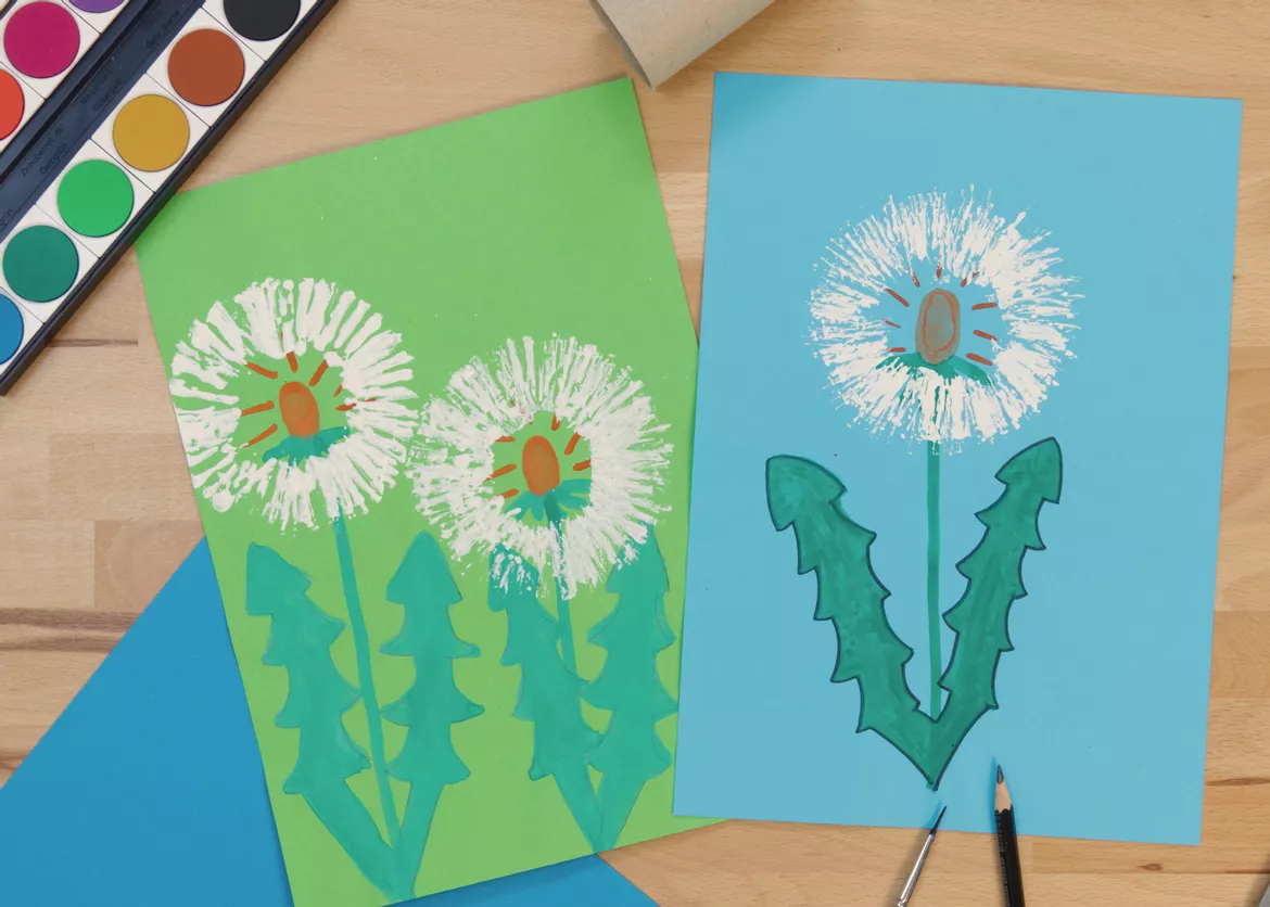 Bild in der Beschreibung des Unterrichtsmaterials Kunst Frühling, Pusteblume drucken, Löwenzahn, Grundschule von Pinselpauker #1