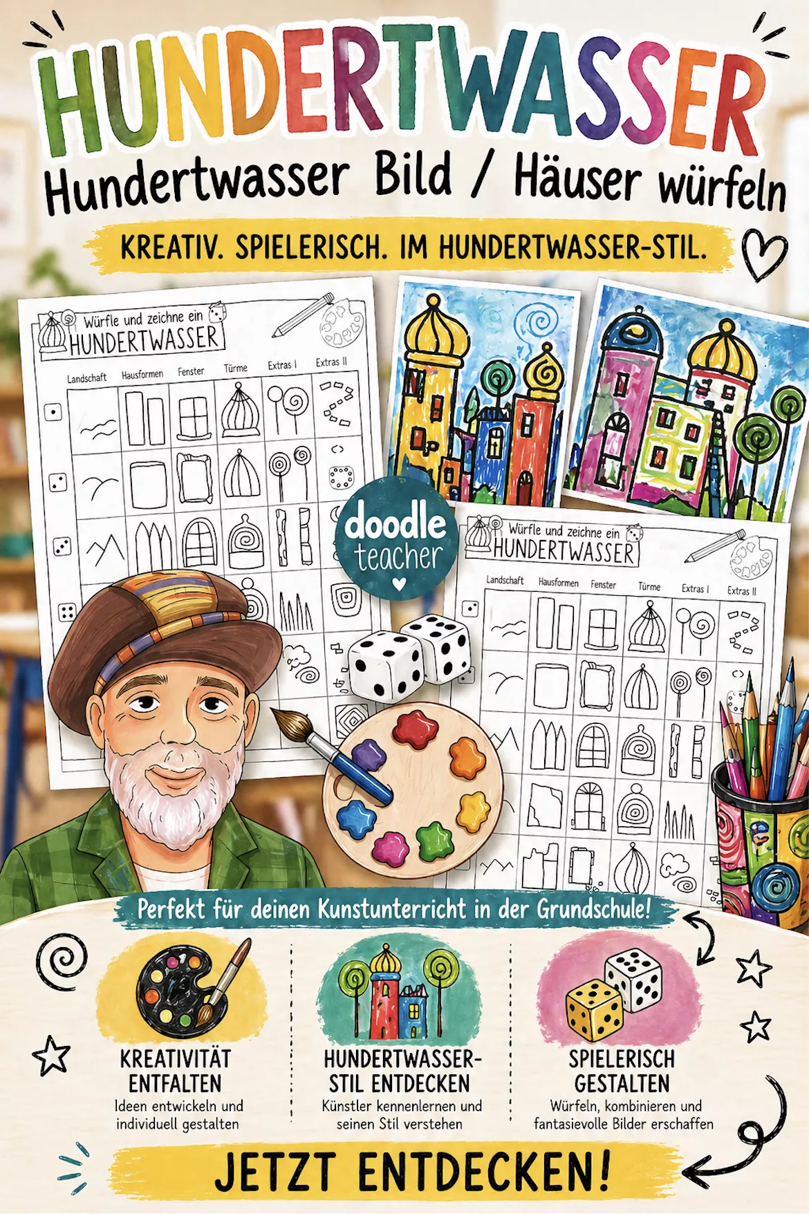Bild in der Beschreibung des Unterrichtsmaterials Hundertwasser - Bilder und Häuser würfeln & malen / Kreativprojekt von Doodleteacher #1