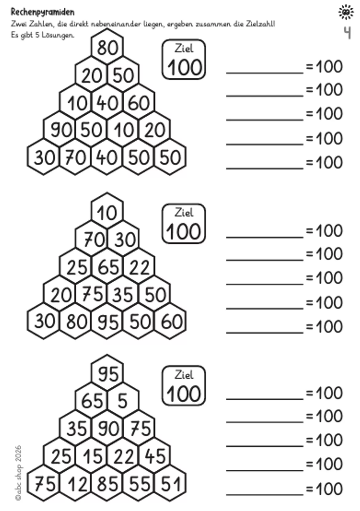 Bild in der Beschreibung des Unterrichtsmaterials Rechenpyramiden im ZR 100 - Finde Paare (Zahlzerlegung, Kopfrechnen und Knobeln) von abc shop #1