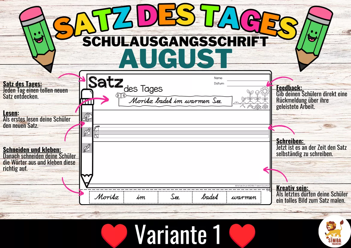 Bild in der Beschreibung des Unterrichtsmaterials Sätze schreiben / Satz des Tages / Schüttelsätze (Schulausgangsschrift) schreiben Sommer Sommerferien Back to school Schulstart August von SIMBA Trainers Education #1