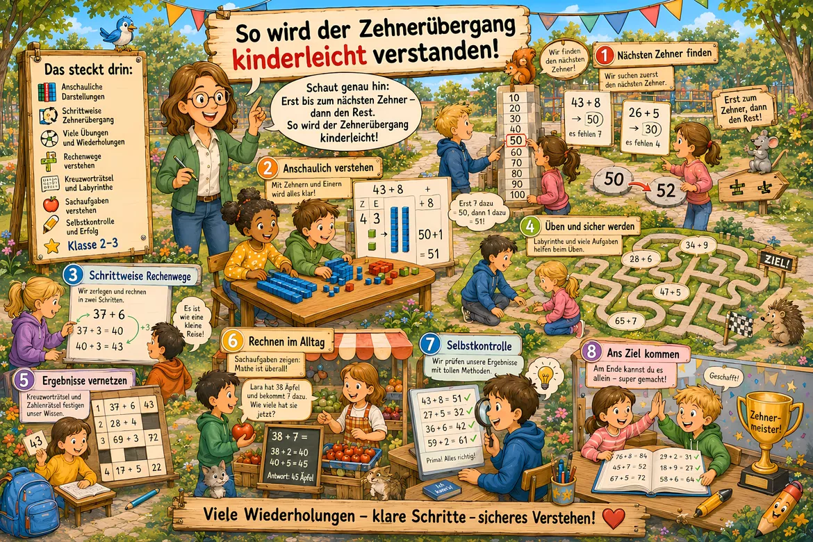 Bild in der Beschreibung des Unterrichtsmaterials Einfache Additionen bis 100 mit schrittweisem Zehnerübergang (± Lehrgang bis 100, Stufe 2a/8) von Stolpersteine #2