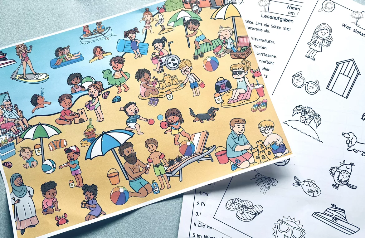 Bild in der Beschreibung des Unterrichtsmaterials Wimmelbild Sommer, am Strand Wortschatz, Bildkarten, Wortkarten von LernTagebuch #1