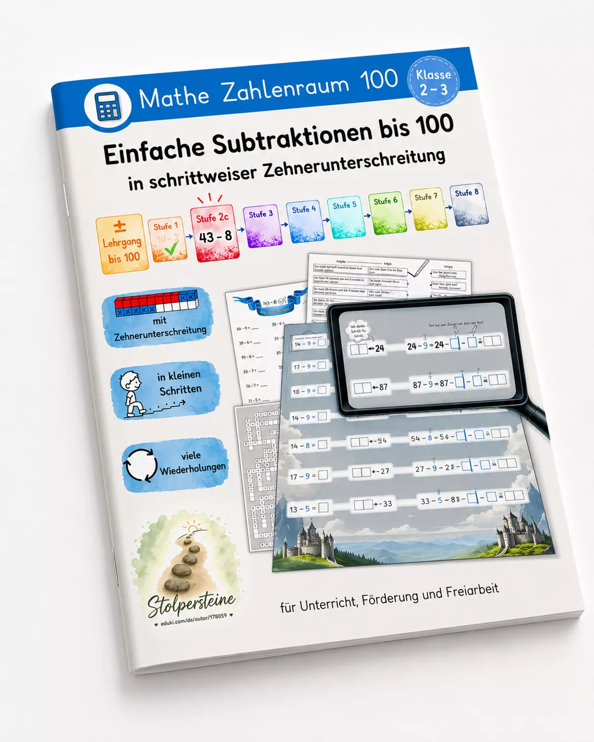 Bild in der Beschreibung des Unterrichtsmaterials Einfache Subtraktionen bis 100 in schrittweiser Zehnerunterschreitung (± Lehrgang bis 100, Stufe 2c/8) von Stolpersteine #7