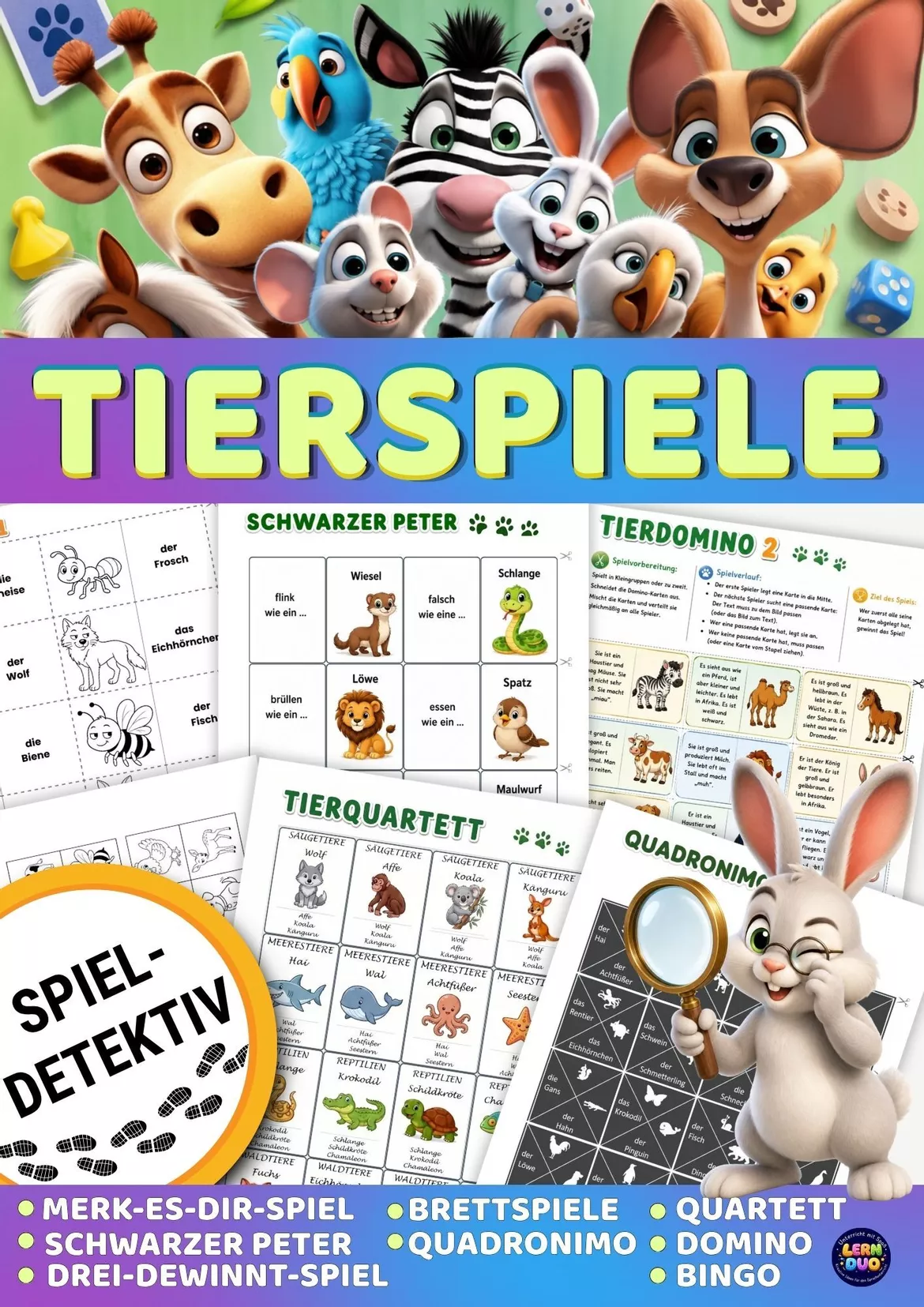 Bild in der Beschreibung des Unterrichtsmaterials Tierspiele – 9 Sprachspiele zum Thema Tiere (A1–A2) | Bingo, Domino, Quadronimo, Brettspiele von Lernduo DaF #1