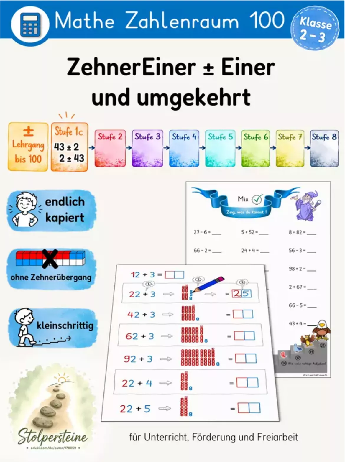 Bild in der Beschreibung des Unterrichtsmaterials Einfache Additionen bis 100 mit schrittweisem Zehnerübergang (± Lehrgang bis 100, Stufe 2a/8) von Stolpersteine #4