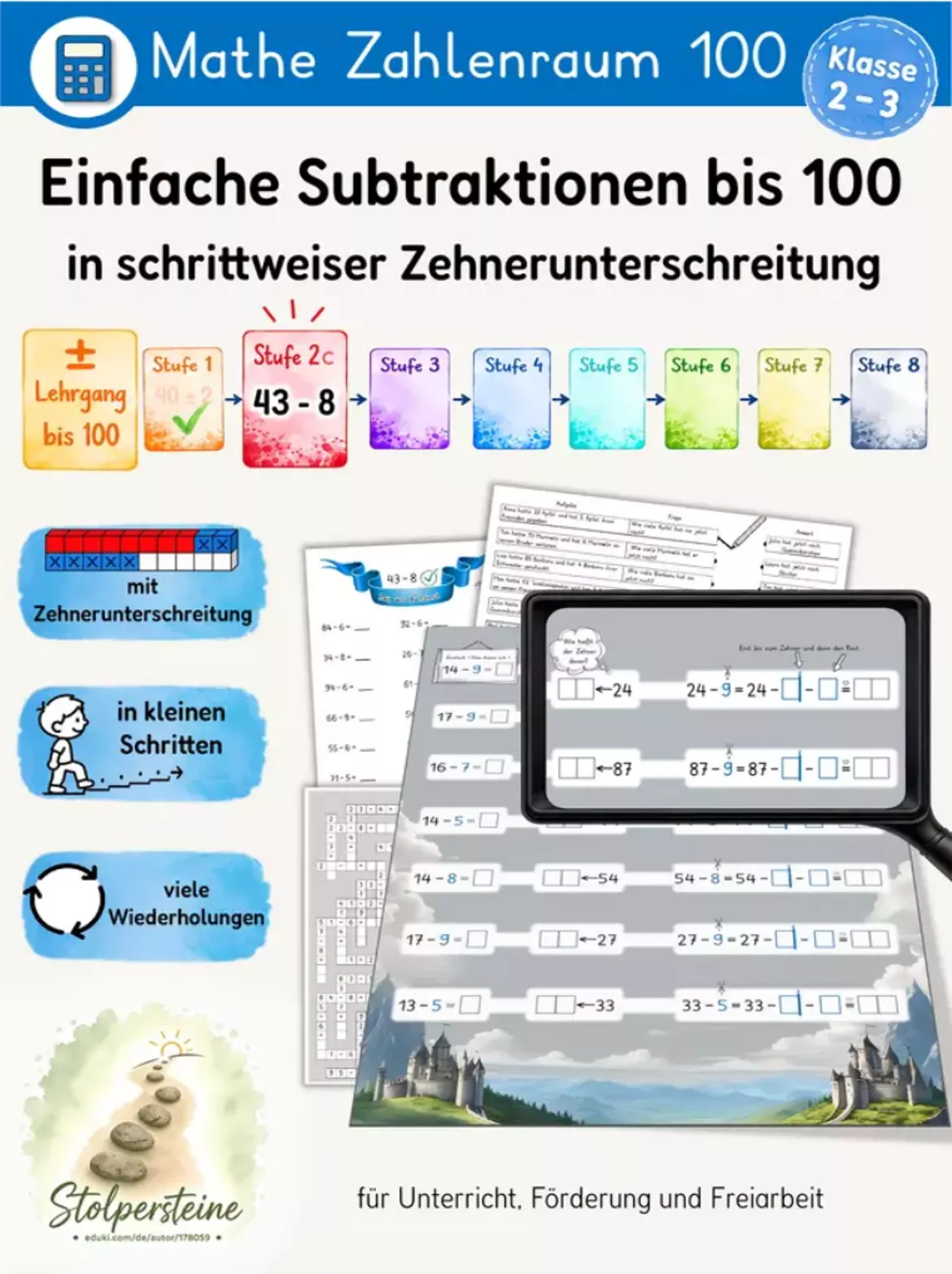 Bild in der Beschreibung des Unterrichtsmaterials Einfache Plus & Minus Aufgaben bis 100, Einführung in Textaufgaben (± Lehrgang Zahlenraum 100, Stufe 2g/8) von Stolpersteine #2