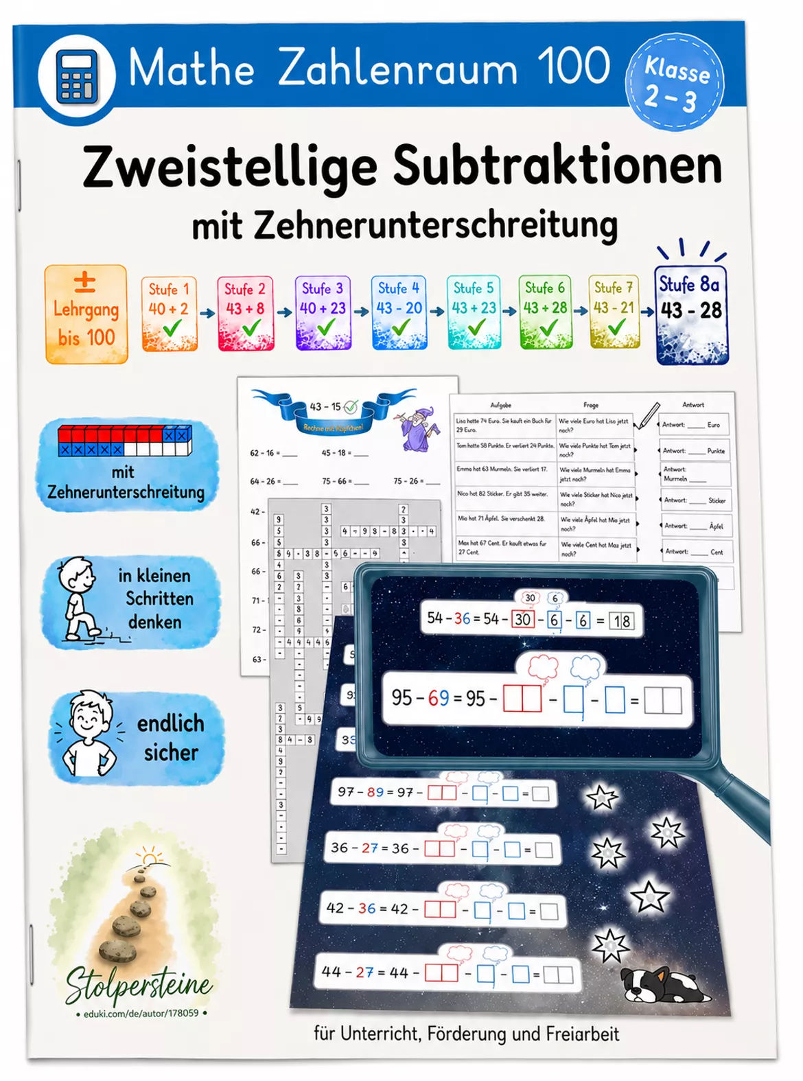 Bild in der Beschreibung des Unterrichtsmaterials Zweistellige Subtraktionen mit schrittweiser Zehnerunterschreitung ZE-ZE mit ZU (± Lehrgang bis 100, Stufe 8a/8) von Stolpersteine #7