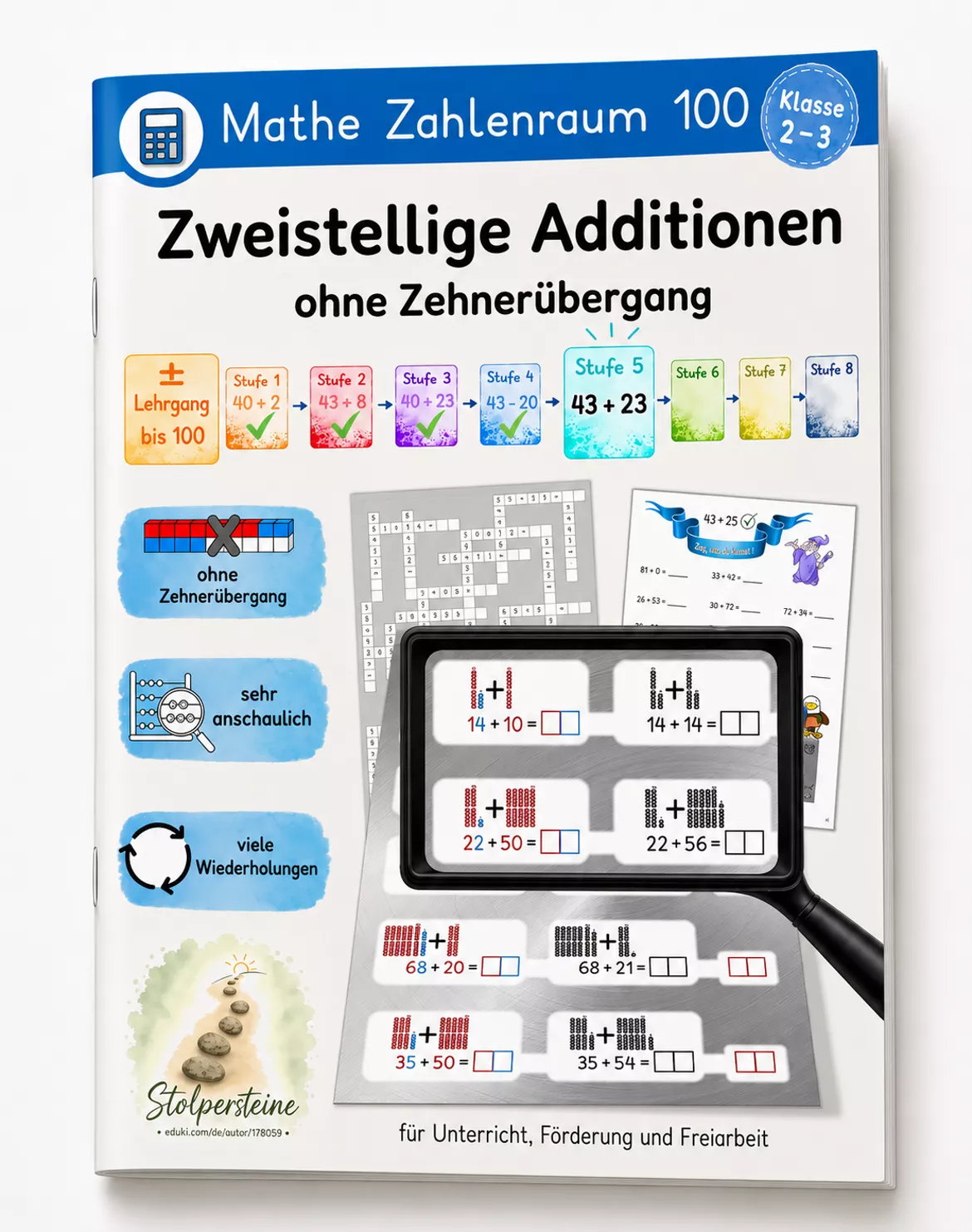Bild in der Beschreibung des Unterrichtsmaterials Stufe 5: Aufgaben vom Typ 43+20 => 43+23 (± Lehrgang Zahlenraum 100, Stufe 5/8, ZE+ZE ohne ZÜ) von Stolpersteine #8