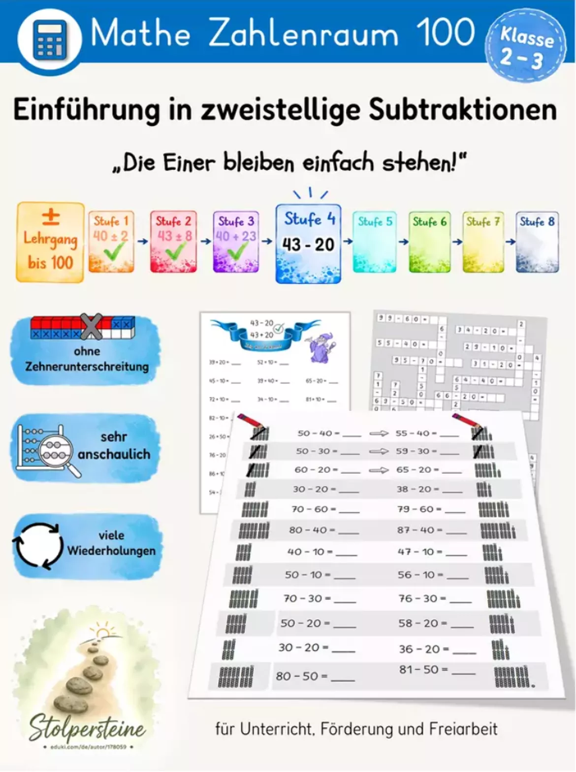 Bild in der Beschreibung des Unterrichtsmaterials Zweistellige Additionen, Zehnerübergang Powertraining ZE+ZE (± Lehrgang bis 100, Stufe 6b/8) von Stolpersteine #3